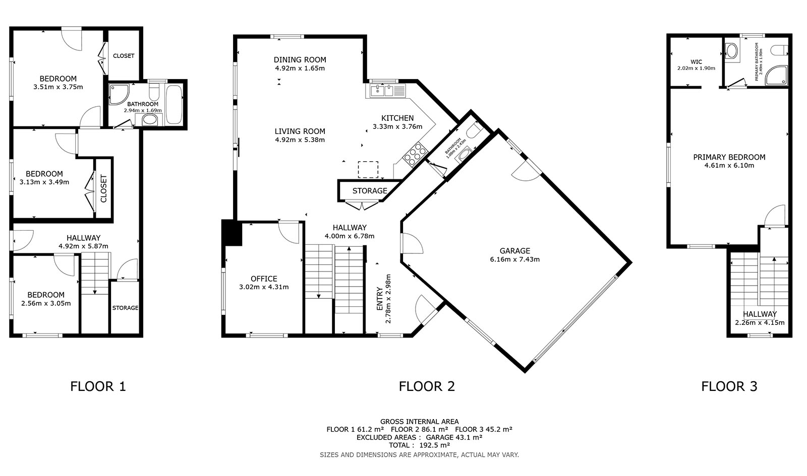Three-floor plan example with room dimensions