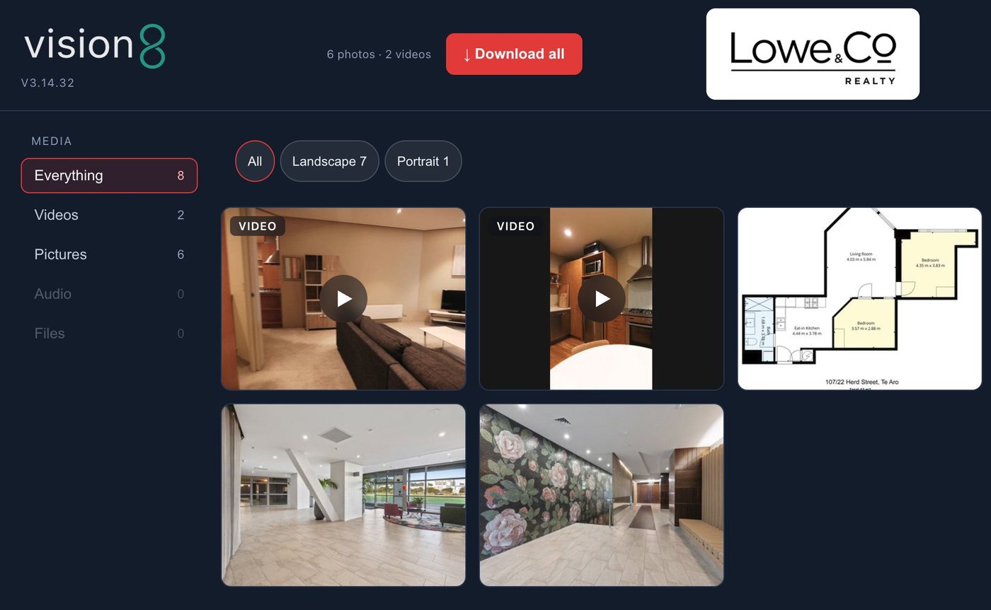 A Lowe & Co Realty media workspace in the Vision8 portal showing videos, photos and a floor plan